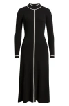Elie Tahari The Noemi Contrast Trim Long Sleeve Rib Midi Dress In Black