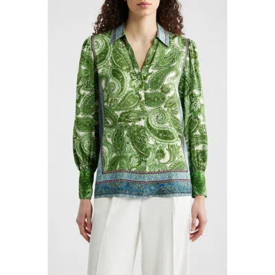 Elie Tahari The Olivia Regent Paisley Stretch Silk Button-up Shirt In Green