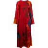 Elie Tahari The Payton Placed Floral Long Sleeve Stretch Silk Caftan Dress In Red