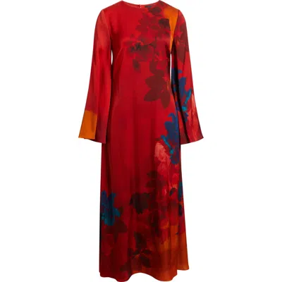 Elie Tahari The Payton Placed Floral Long Sleeve Stretch Silk Caftan Dress In Red