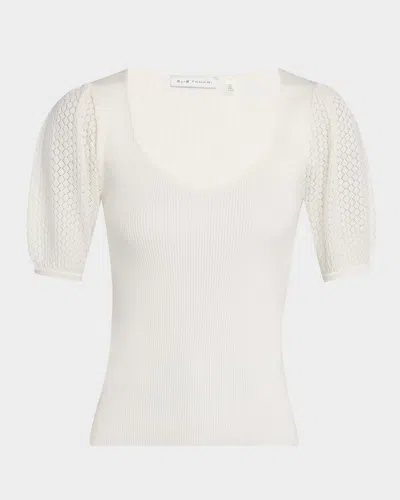 Elie Tahari The Piper Ribbed Pointelle-sleeve Sweater In Sky White