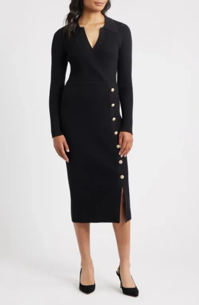 Elie Tahari The Polo Collar Chaya Button Detail Long Sleeve Rib Sweater Dress In Black
