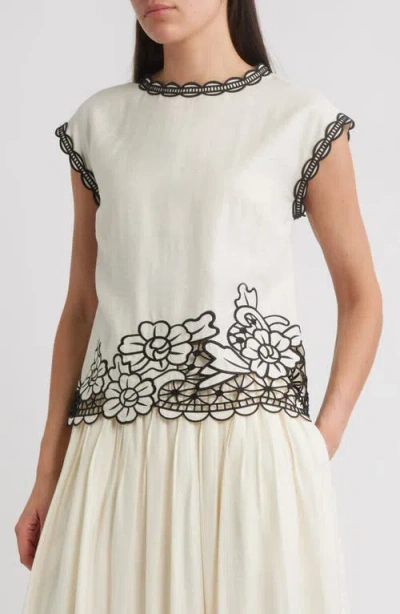 Elie Tahari The Poppy Embroidered Open Work Top In Sand
