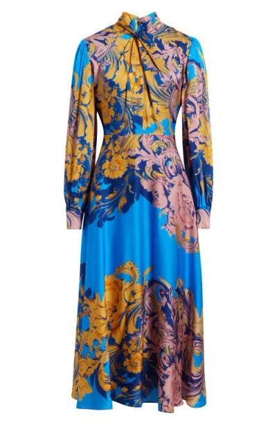 Elie Tahari The Raquel Placed Floral Long Sleeve Silk Blend Dress In Blue