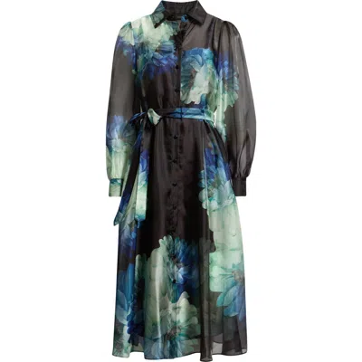 Elie Tahari The Romy Floral Long Sleeve Midi Shirtdress In Burgundy