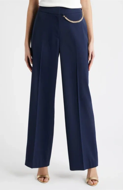 Elie Tahari The Sarah Chain Detail High Waist Straight Leg Pants In Blue