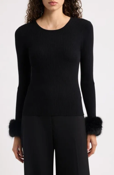 Elie Tahari The Savannah Faux Fur Cuff Sweater In Black