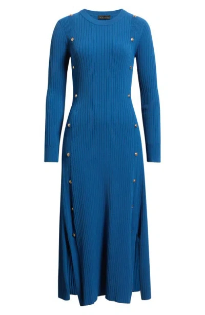 Elie Tahari The Tamara Button Detail Long Sleeve Midi Sweater Dress In Blue