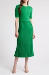 Elie Tahari The Vesper Pointelle Ribbed Midi Sweater Dress In Green Lark