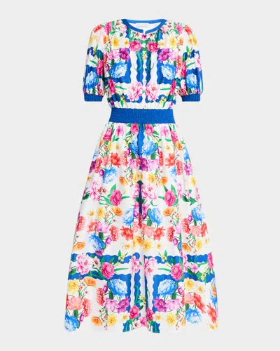 Elie Tahari The Ziggy Floral-print Smocked Midi Dress In Multi