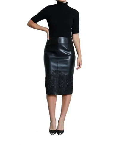 Elie Tahari Vegan Leather Applique Lace Skirt In Black