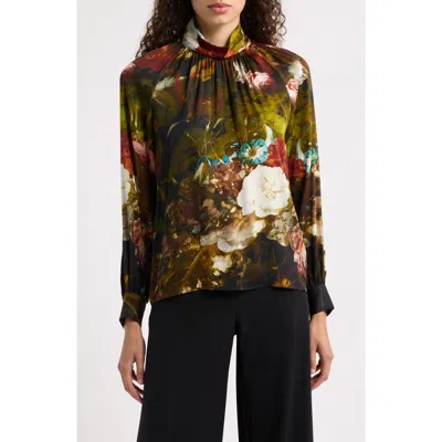 Elie Tahari Vivian Floral Print Silk Blend Mock Neck Top In Multi