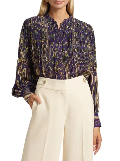 Elie Tahari Women's Abbey Pleated Abstract Chiffon Blouse