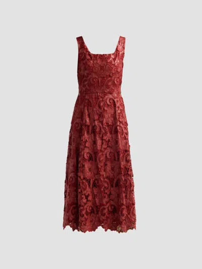 Elie Tahari The Chayanne Faux Leather Floral Lace Midi Dress In Multi