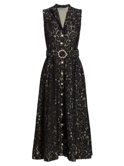 Elie Tahari The Hailee Belted Floral Lace Midi Shirtdress In Noir Lace