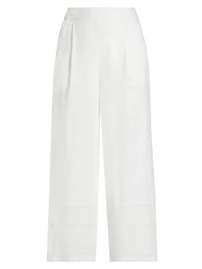 Elie Tahari The Adelle Cropped Lace-inset Linen Pants In Sky White