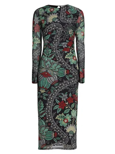 Elie Tahari The Delilah Print Long Sleeve Mesh Maxi Dress In Black