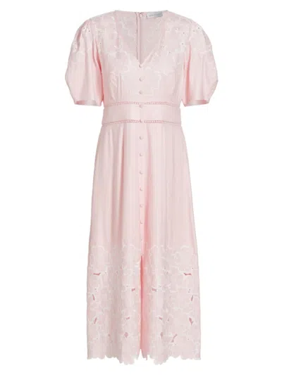 tahari pink dress Elie Tahari Women's The Lorelei Embroidered Linen Midi-dress In Pink Fizz