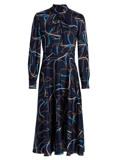 Elie Tahari The Raquel Placed Floral Long Sleeve Silk Blend Dress In Blue