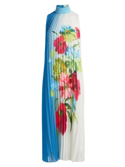 Elie Tahari Reilley Sleeveless Pleated Floral-print Midi Dress In Blue