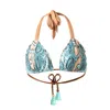 Deessa Ibiza Women's Blue / Gold / Neutrals Ibiza Turquoise Blue Animal Snake Print Ruched Triangle Bikini Top Ge In Blue/gold