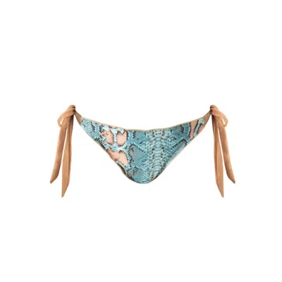 Deessa Ibiza Women's Gold / Neutrals / Blue Ibiza Turquoise Blue Animal Snake Print Tie-side Ruched Bikini Bottom In Blue/gold