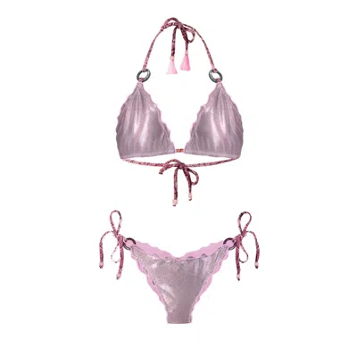 Deessa Ibiza Women's Blue / Rose Gold / Pink Metallic Pink Bikini With Snake Print Straps Savina Laia In Blue/rose Gold/pink