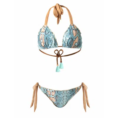 Deessa Ibiza Women's Gold / Blue Ibiza Turquoise Blue Animal Print Ruched Triangle Bikini Set Georgia Sara Salina In Gold/blue