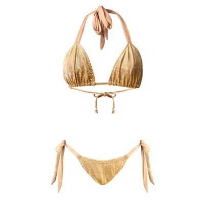 Deessa Ibiza Women's Gold Metallic Triangle Bikini Set Mari Leah Sargantana