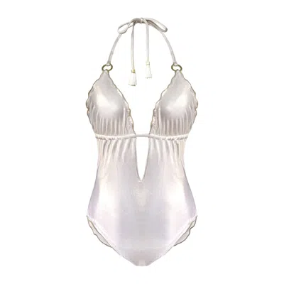 Deessa Ibiza Women's Ibiza Swimsuit One-piece Plunge Maillot Anita White Gold Metallic