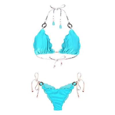 Deessa Ibiza Women's Neutrals / Blue / Rose Gold Aqua Bikini Halter Top Savina And Tie-side Bottom Laia - Blue, N In Blue/rose Gold