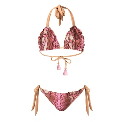 Deessa Ibiza Women's Pink / Purple / Rose Gold Ibiza Pink Animal Print Ruched Triangle Bikini Set Cap Martinet In Pink/purple/rose Gold