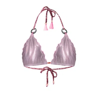 Deessa Ibiza Women's Pink / Purple / Rose Gold Metallic Pink Bikini Top With Snake Print Straps Savina In Pink/purple/rose Gold
