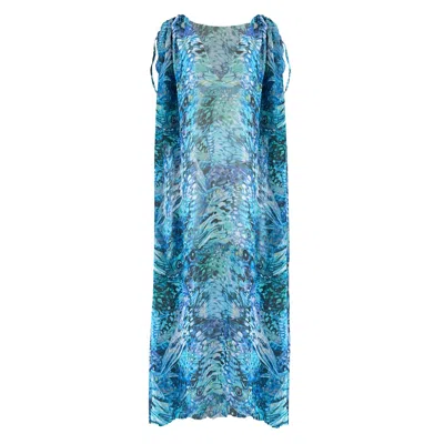 Deessa Ibiza Women's Butterfly Print Silk Maxi Kaftan Dress Blue