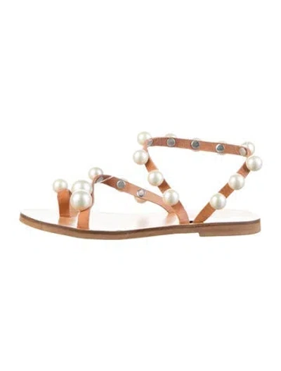 Pre-owned Elina Linardaki Leather Beaded Accents Sandals In Brown