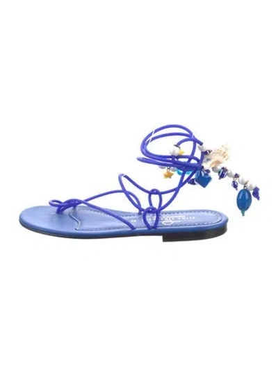 Pre-owned Elina Linardaki Leather Floral Print Gladiator Sandals In Blue