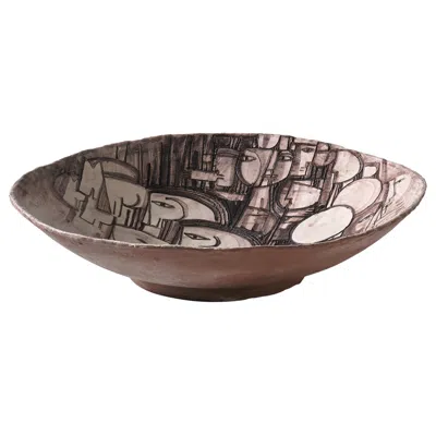 Pre-owned Elio Schiavon Xl Ceramic Bowl By  With Figural Motifs, Italy 1960s In Gray