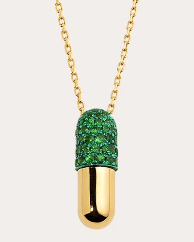 Elior 18k Yellow Gold Large Diamond Pill Pendant With  Green Tsavorite Garnet