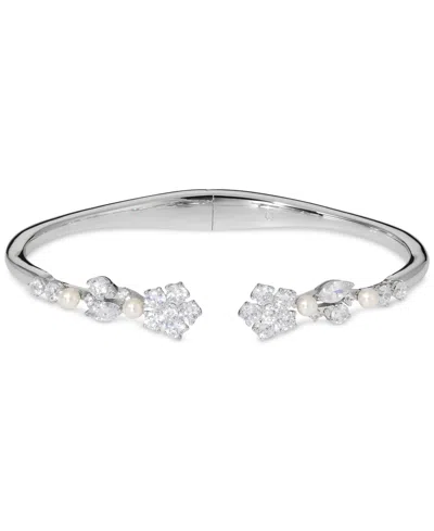 Eliot Danori Cubic Zirconia & Imitation Pearl Flower Cuff Bracelet, Exclusively At Macy's In Silver