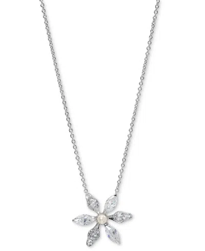 Eliot Danori Cubic Zirconia & Imitation Pearl Flower Pendant Necklace, 16" + 2" Extender, Exclusively At Macy's In Silver