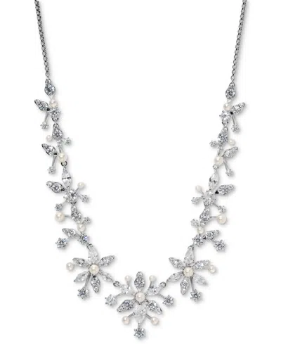 Eliot Danori Cubic Zirconia & Imitation Pearl Flower Statement Necklace, 15" + 3" Extender, Exclusively At Macy's In Silver