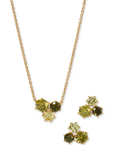 Eliot Danori Cubic Zirconia Trio Pendant Necklace & Stud Earrings, 16" + 2" Extender In Green,gold