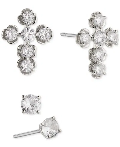 Eliot Danori Rhodium-plated 2-pc. Set Cubic Zirconia Floral Cross & Solitaire Stud Earrings, Created For Macy's