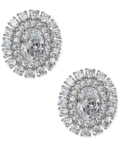 Eliot Danori Silver-tone Cubic Zirconia Double Halo Button Earrings In Rhodium
