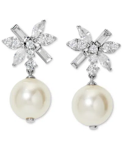 Eliot Danori Silver-tone Mixed Cubic Zirconia Cluster & Imitation Pearl Drop Earrings, Created For Macy's In Rhodium
