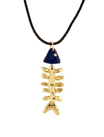 Pre-owned Eliou Leather, Lapis Lazuli & Crystal Fishbone Pendant Necklace, 29" In Brown
