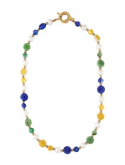 Pre-owned Eliou Pearl Millefiori Glass Jenga Bead Necklace, 20" In Blue/green/yellow