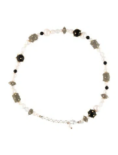 Pre-owned Eliou Pearl, Quartz, Onyx, Enamel & Resin Peyton Bead Necklace, 20.5" In Grey