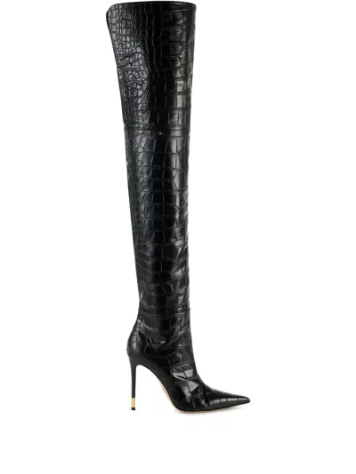 Elisabetta Franchi 105mm Crocodile-print Over-the-knee Boots In Black