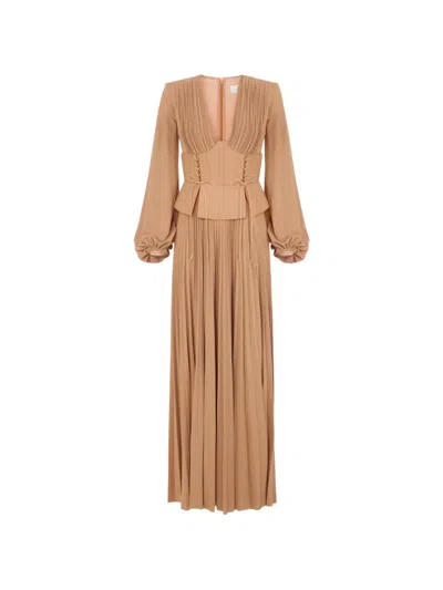 Elisabetta Franchi 레드 카펫 라메 이펙트 저지 드레스 In Brown